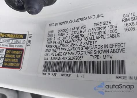 2016 Honda Cr-V Lx z USA, uszkodzony, nr VIN 5J6RM4H3XGL072067